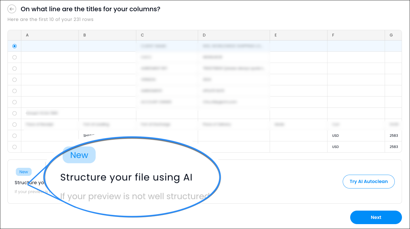 WeTransform Autoclean: column-header detection step with 231 rows detected and the Try AI Autoclean panel highlighted